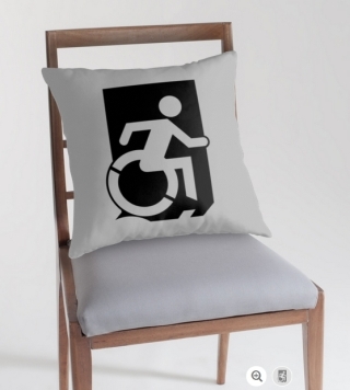 Accessible Means of Egress Icon Exit Sign Wheelchair Wheelie Running Man Symbol by Lee Wilson PWD Disability Emergency Evacuation Throw Pillow Cushion 104