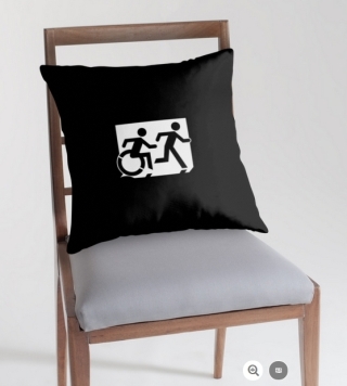 Accessible Means of Egress Icon Exit Sign Wheelchair Wheelie Running Man Symbol by Lee Wilson PWD Disability Emergency Evacuation Throw Pillow Cushion 128