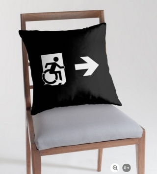 Accessible Means of Egress Icon Exit Sign Wheelchair Wheelie Running Man Symbol by Lee Wilson PWD Disability Emergency Evacuation Throw Pillow Cushion 160