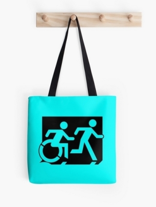 Accessible Means of Egress Icon Exit Sign Wheelchair Wheelie Running Man Symbol by Lee Wilson PWD Disability Emergency Evacuation Tote Bag 108