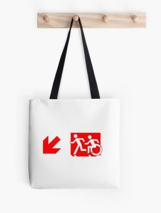 Accessible Means of Egress Icon Exit Sign Wheelchair Wheelie Running Man Symbol by Lee Wilson PWD Disability Emergency Evacuation Tote Bag 128