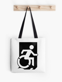 Accessible Means of Egress Icon Exit Sign Wheelchair Wheelie Running Man Symbol by Lee Wilson PWD Disability Emergency Evacuation Tote Bag 30