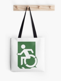 Accessible Means of Egress Icon Exit Sign Wheelchair Wheelie Running Man Symbol by Lee Wilson PWD Disability Emergency Evacuation Tote Bag 36
