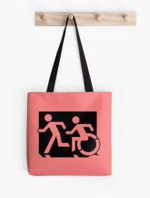 Accessible Means of Egress Icon Exit Sign Wheelchair Wheelie Running Man Symbol by Lee Wilson PWD Disability Emergency Evacuation Tote Bag 4