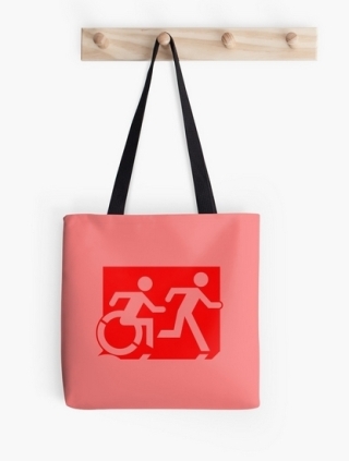 Accessible Means of Egress Icon Exit Sign Wheelchair Wheelie Running Man Symbol by Lee Wilson PWD Disability Emergency Evacuation Tote Bag 44