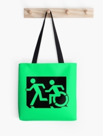 Accessible Means of Egress Icon Exit Sign Wheelchair Wheelie Running Man Symbol by Lee Wilson PWD Disability Emergency Evacuation Tote Bag 94