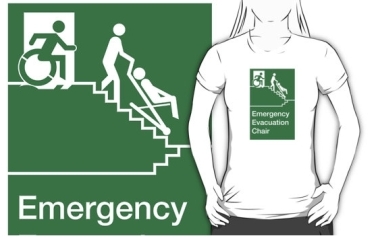 Accessible Means of Egress Icon Exit Sign Wheelchair Wheelie Running Man Symbol by Lee Wilson PWD Disability Evacuation Chair Adult T-shirt 2