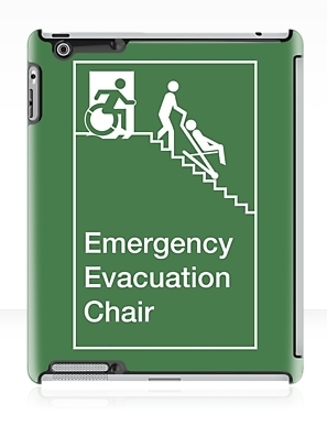 Accessible Means of Egress Icon Exit Sign Wheelchair Wheelie Running Man Symbol by Lee Wilson PWD Disability Evacuation Chair iPad Case 2