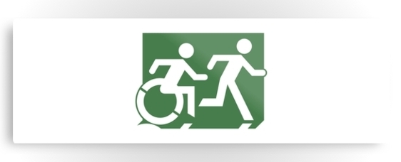 Accessible Means of Egress Icon Exit Sign Wheelchair Wheelie Running Man Symbol by Lee Wilson PWD Disability Evacuation Metal Printed 92