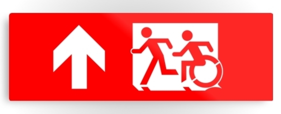 Accessible Means of Egress Icon Exit Sign Wheelchair Wheelie Running Man Symbol by Lee Wilson PWD Disability Evacuation Metal Printed 95
