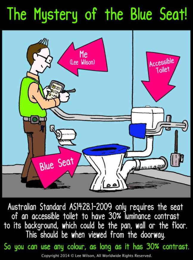 Accessible Toilet Blue Seats AS1428.1 Cartoon by Lee Wilson Disability Access Consultant